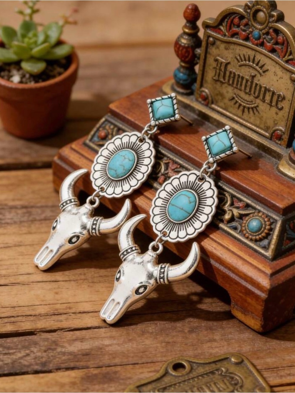 Boho western turquoise inspired steer skull silver dangle earrings • new!